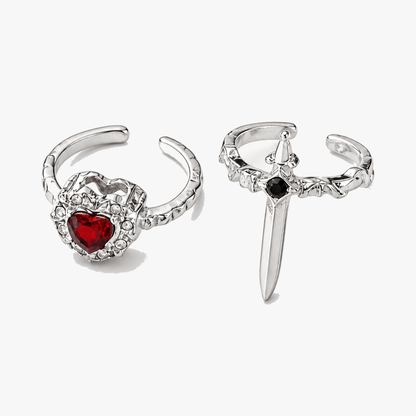 Pierced Heart Ring Set with Garnet Stone