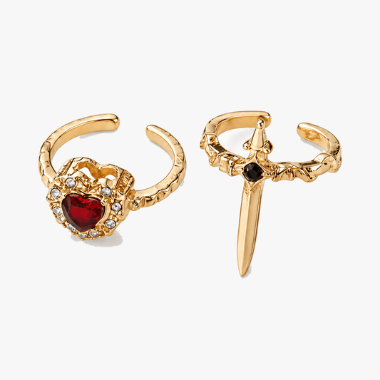Pierced Heart Ring Set with Garnet Stone