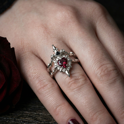 Pierced Heart Ring Set with Garnet Stone