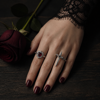 Pierced Heart Ring Set with Garnet Stone