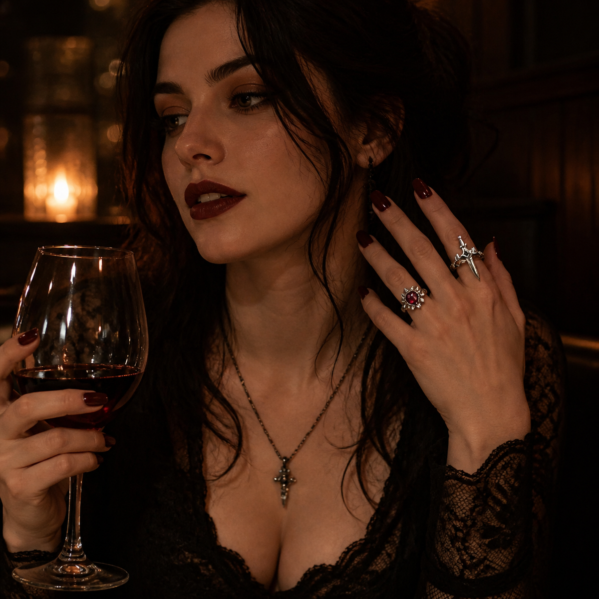 Pierced Heart Ring Set with Garnet Stone