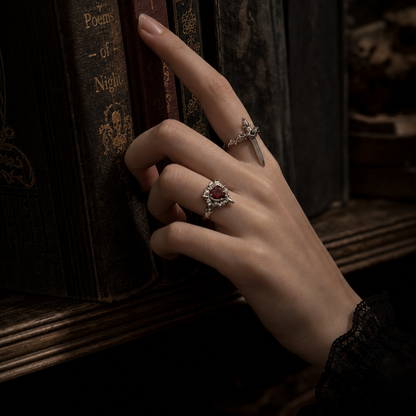 Pierced Heart Ring Set with Garnet Stone